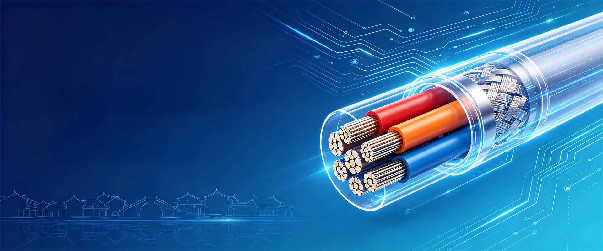 Cutaway illustration of a shielded high-voltage wiring harness with braided shielding and multiple color-coded conductors