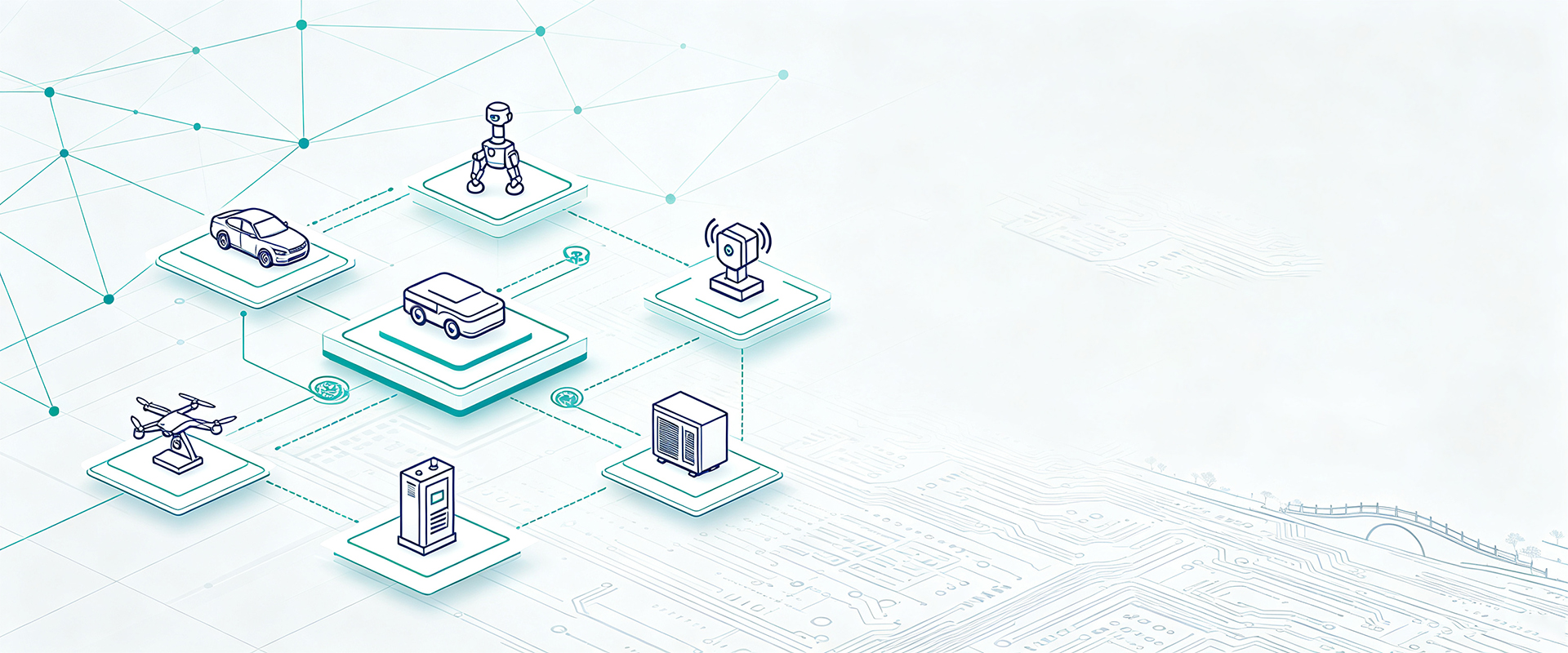 Isometric diagram connecting a vehicle, robot, drone, camera, energy storage unit, and industrial equipment through a shared harness network